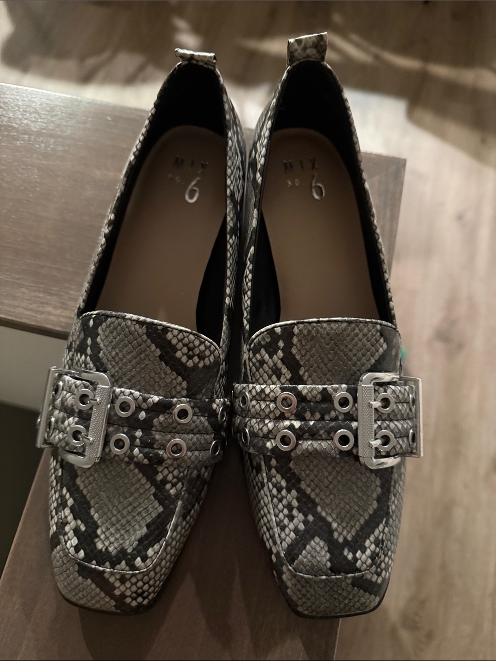 Mix No. 6 Snake-Print Loafers in Black and Gray with Silver Buckles